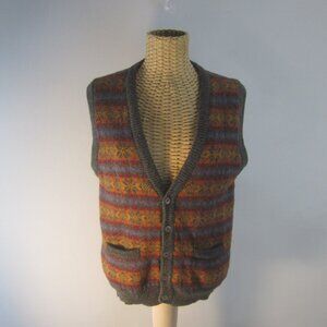 Vtg GAP Unisex S / M Orange Purple Gray Fair Isle Wool V Neck Cardigan Vest 36"
